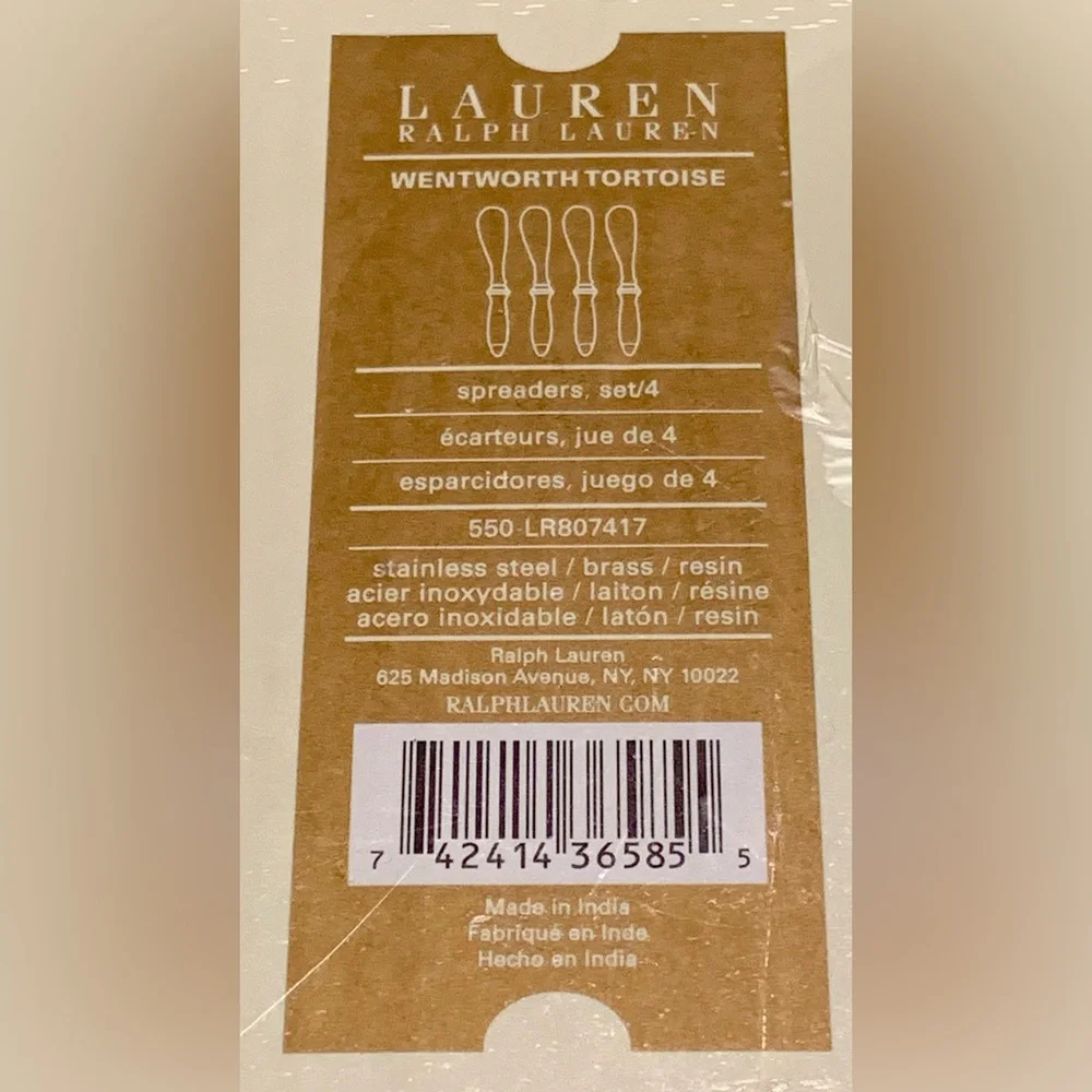 RALPH LAUREN WENTWORTH TORTOISE SPREADERS KNIVES SET OF 4 STAINLESS STEEL